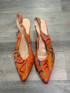 Orange Abstract Print Slingback Flats - Women